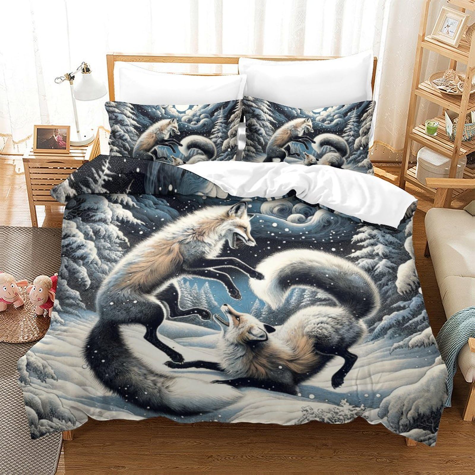 Housse de couette renard 220x240 anti-plis en microfibre douce avec fermeture éclair rapide