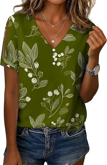 Cotton Linen Tops for Women Trendy Floral Print Short Sleeve Loose Fit Bohemian Casual Workout V-Neck Pullover T Shirt