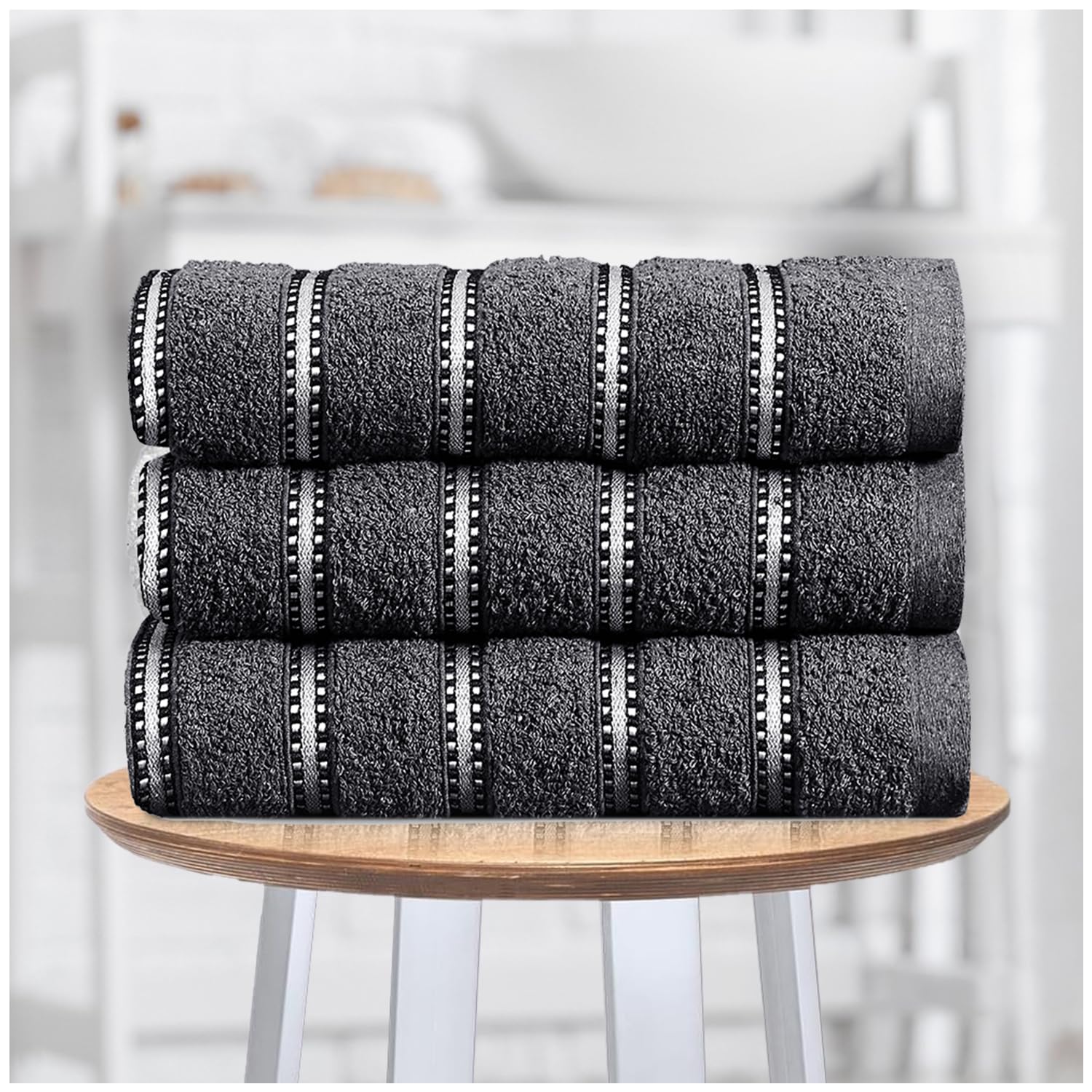 GC GAVENO CAVAILIA Stripe Bath Sheets Extra Large 3Pack | 600GSM Towels Bath Sheets Quick Dry Water Absorbent Towels Set | Lightweight Hotel Quality Thick Cotton Towel Bath Sheet 90x150 Cm, Charcoal