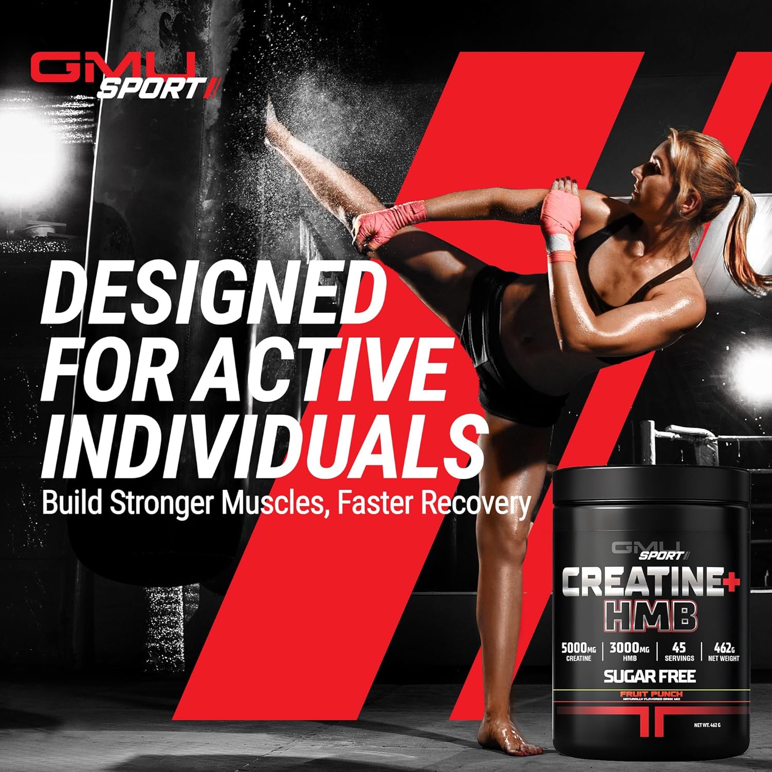 GMU SPORT - Creatine Monohydrate with HMB Powder - 45 Servings, Creatine HMB Supplements, Creatine with HMB for Increased Strength, Muscle Growth & Enhanced Energy, 3G HMB/Fruit Punch