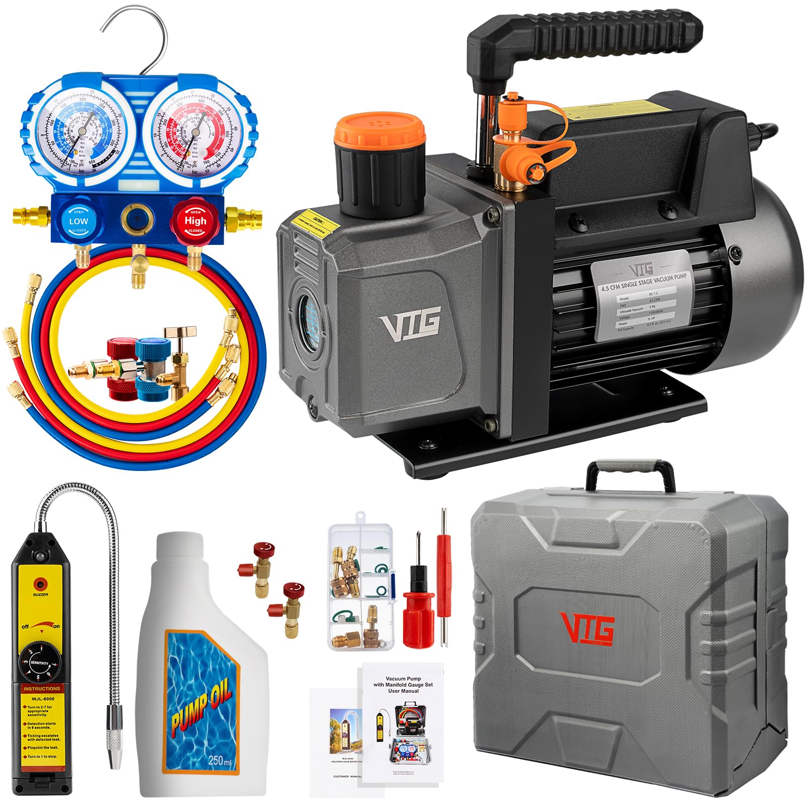 4.5 cfm ac vacuum pump and gauge set,for mini split/hvac/auto systems,manifold gauge kit fits r134a r12 r22 r410a,with leak detector,core depressor valves,r134a can tap,storage case