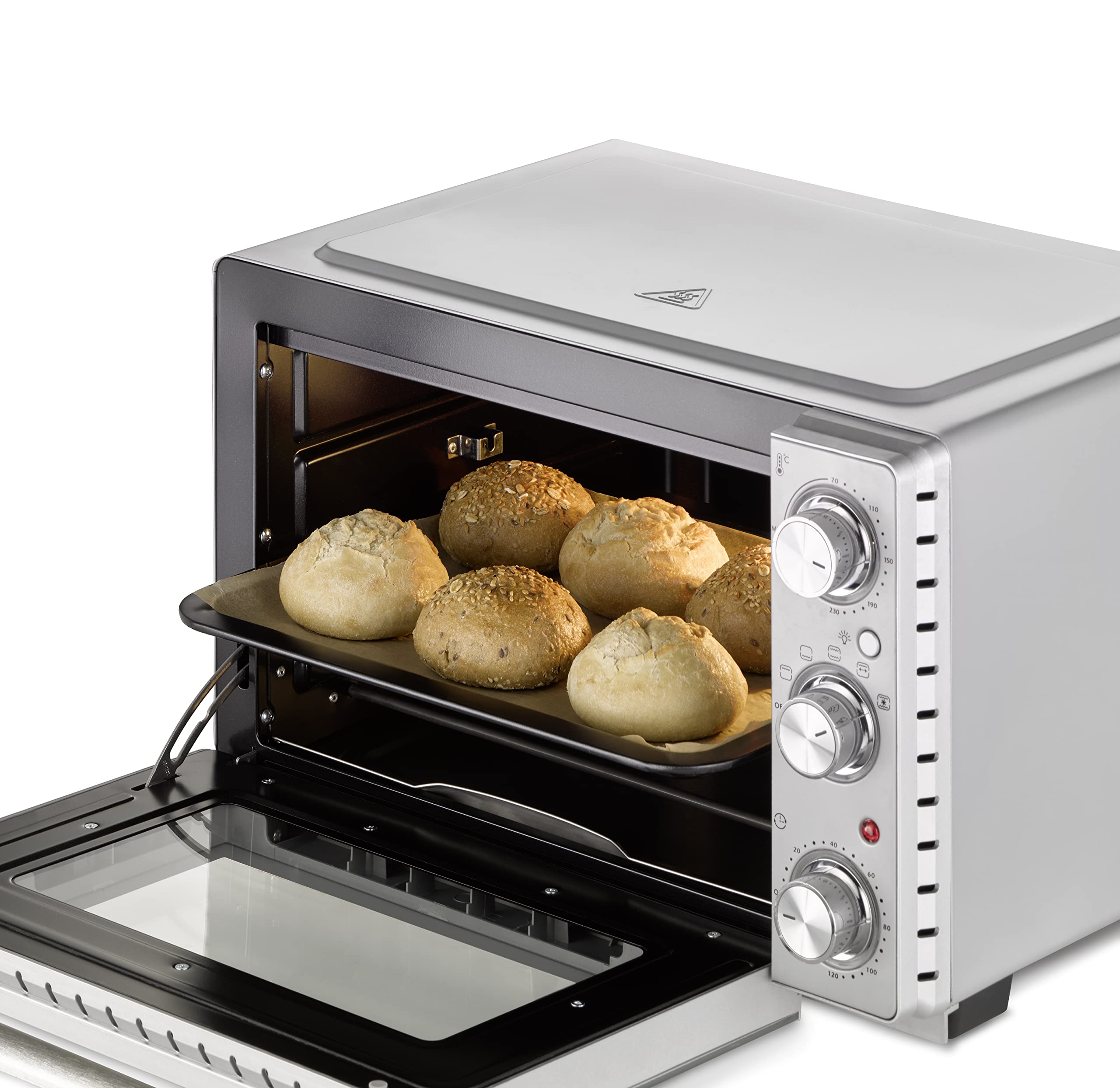 CASO TO 26 SilverStyle – designerski piekarnik, pojemność 26 l, 3 półki, 70-230 °C, w zestawie kamień do pizzy, 5-stopniowa funkcja: gorące powietrze, obrotowy rożen z silnikiem, zwycięzca testu w
