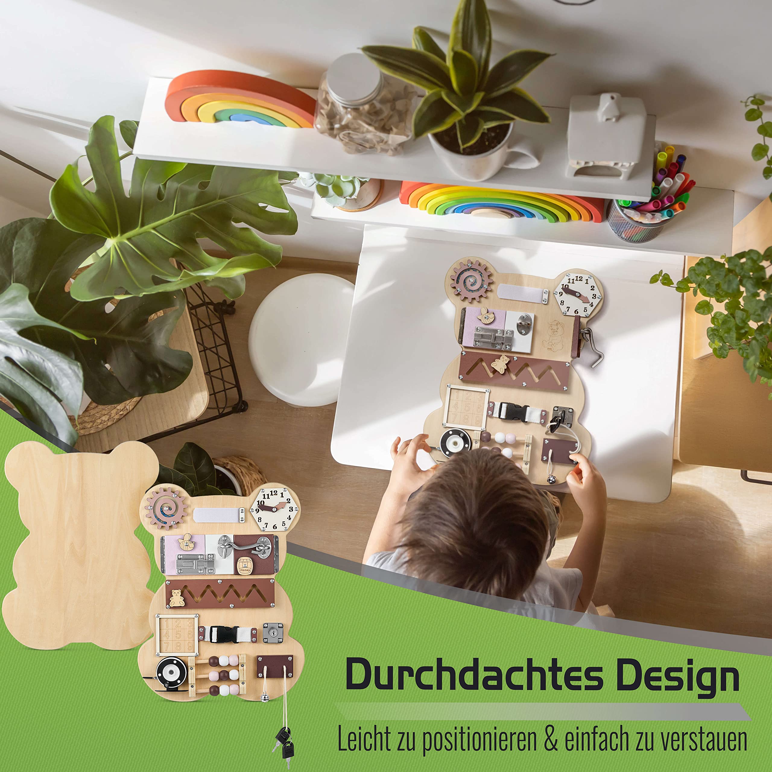Balinco – Busy Board Holzspielzeug 13-in-1 – Montessori Spielzeug Activity Board – Sensorik- & Lernspielzeug in Bärenform – Interaktives Motorikbrett pädagogisch wertvoll