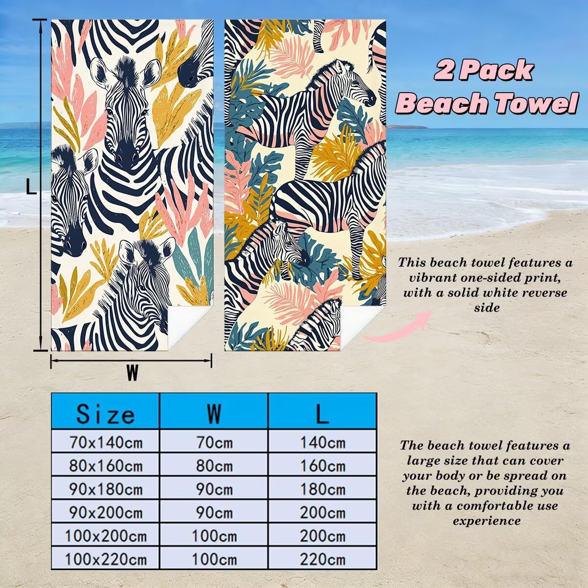 Toalla Playa 90x200 cm, Toalla Gimnasio Microfibra Secado Rapido, Juego de 2 Antiarena Toallas de Playa, Ligera Compacta Toallas Microfibra Grande para Viaje, Regalo Hombre Regalo Mujer (Cebra) -5059