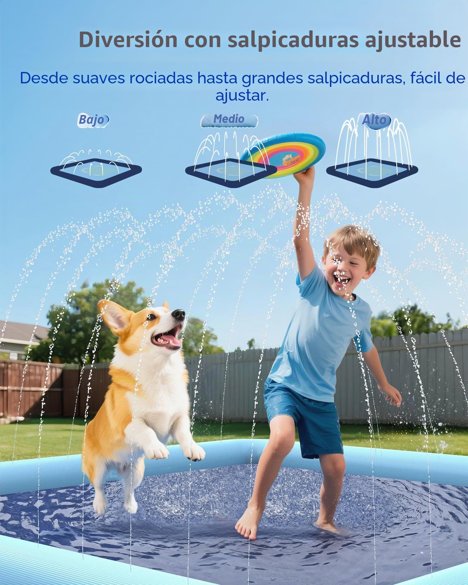 Piscina Chorros Niños y Perros, Splash Pad Perros con Borde Reforzado, Juegos de Agua para Niños Diseño Antideslizante, Juguete de Agua de Verano para Jardín y Exteriores (170CM)