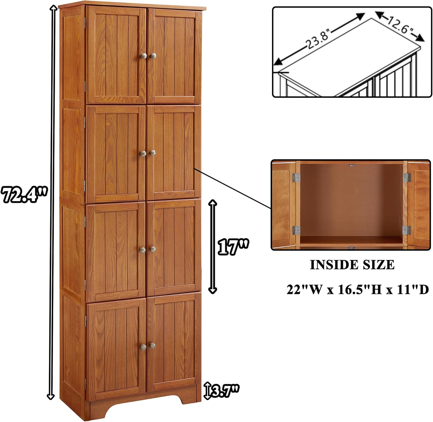72" Tall Farmhouse Storage Cabinet, 4 Tier Kitchen Pantry Cabinet with 4 Shelves & 8 Doors, Freestanding Floor Storage Cabinet Wooden Organizer Bookcase for Living Room, Kitchen (Oak)