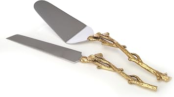 Cake Server and Knife Set with Gold Leaf Design