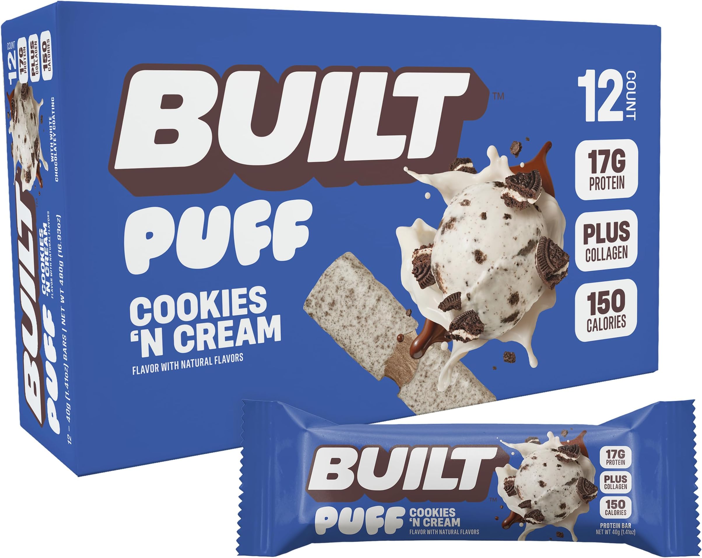BUILT Bar Puff Protein Bars - Cookies 'N Cream - 17g Protein Snack Bars with Collagen - Calorie Conscious, No Gluten Free - 12 Count