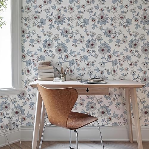 Miniatura 3 de Papel tapiz vintage floral azul y blanco de 17.3 x 118 pulgadas, papel tapiz autoadhesivo retro de margaritas, papel de contacto extraíble para