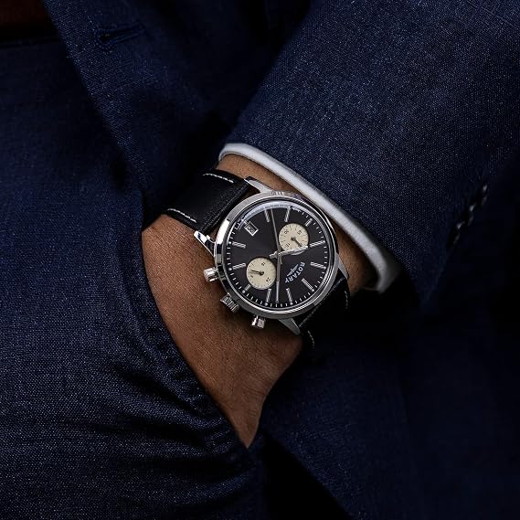 Rotary Men's 1895 Stainless Steel Chronograph Black Leather Strap Watch