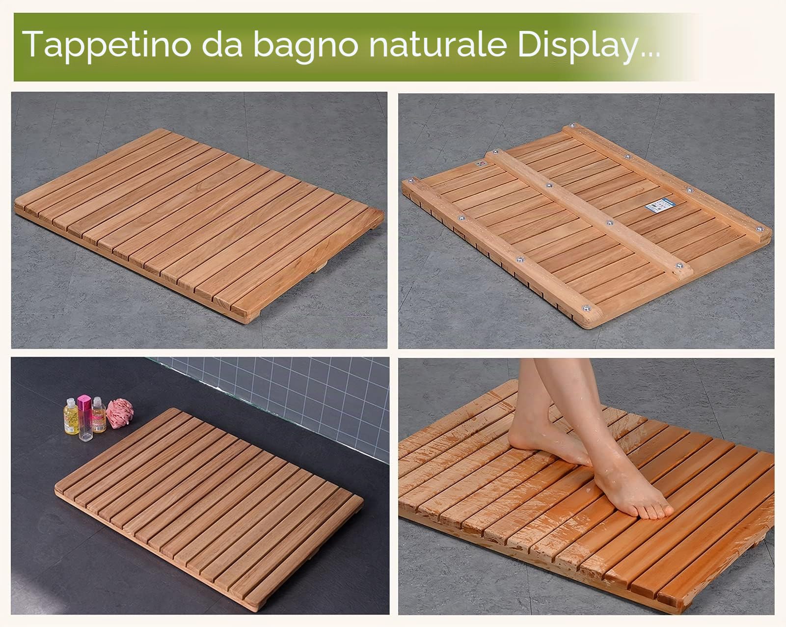 Tappetino da Doccia Antiscivolo in Teak - Tappetini da Bagno Grandi in Legno per Bagno Interno ed Esterno, pedana Quadrata/Rettangolare con Larghezza 30 40 50 70 80 cm