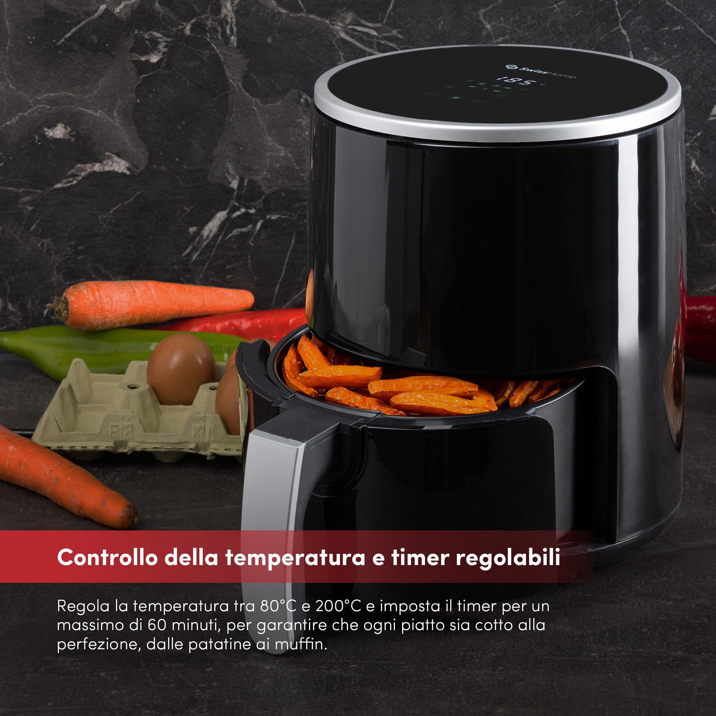 Z SwissHome PETIT - Friggitrice ad aria 2.5L 1200W - Display digitale - Temperatura regolabile 80-200°C - Timer 60 minuti - Pentola in teflon rimovibile - Protezione da surriscaldamento