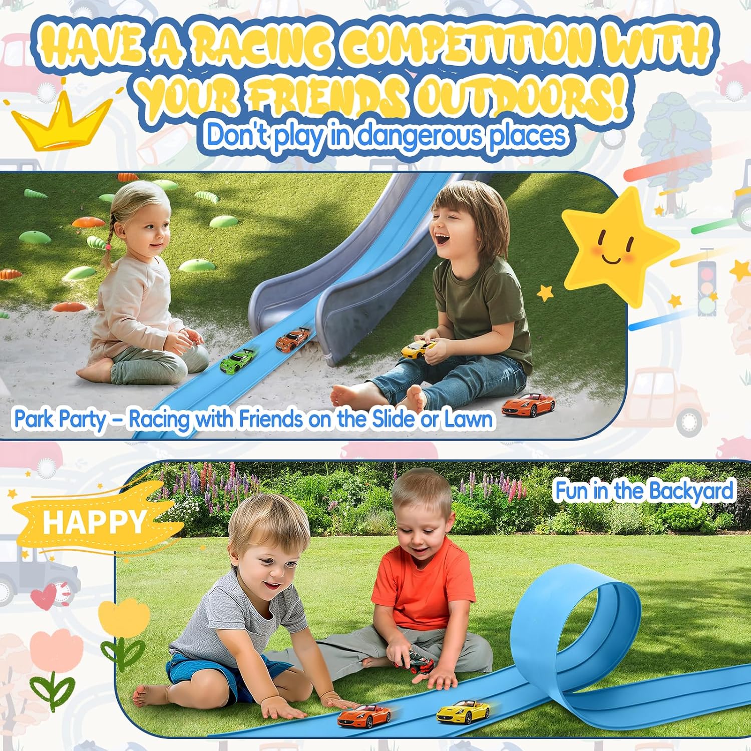15 Ft Cobalt Blue Flexible Race Car Track,Two-Lane Flex Race Track， Sucion Cups, Compatible with Hot Wheels, Matchbox, Diecast 1/50th Toy Cars