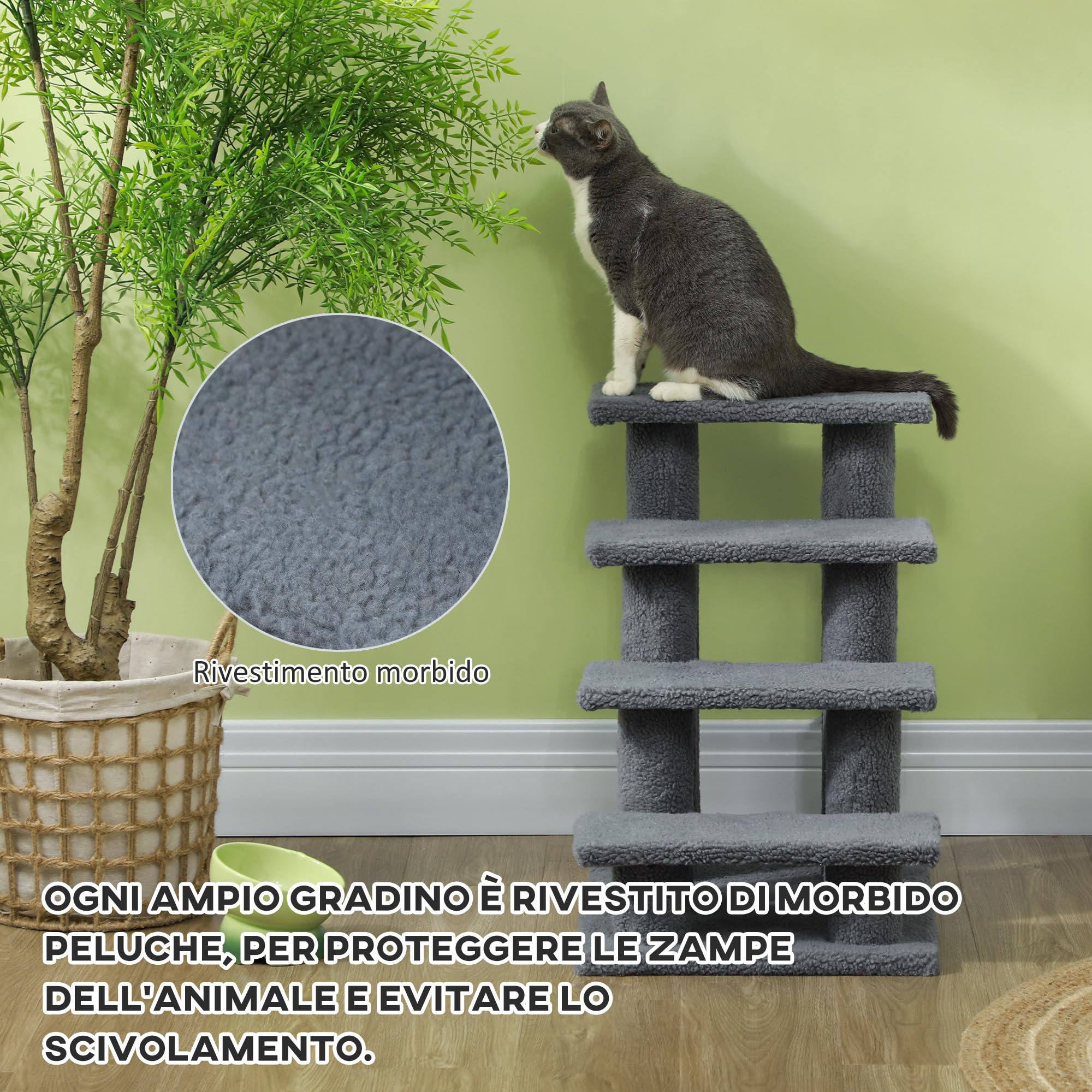 PawHut Scaletta per Cani e Gatti a 4 Gradini in Peluche 61x41x60cm Grigio | Scala per Gatto e Animali Domestici Antiscivolo, Scalini per Cuccioli per Letto e Divano