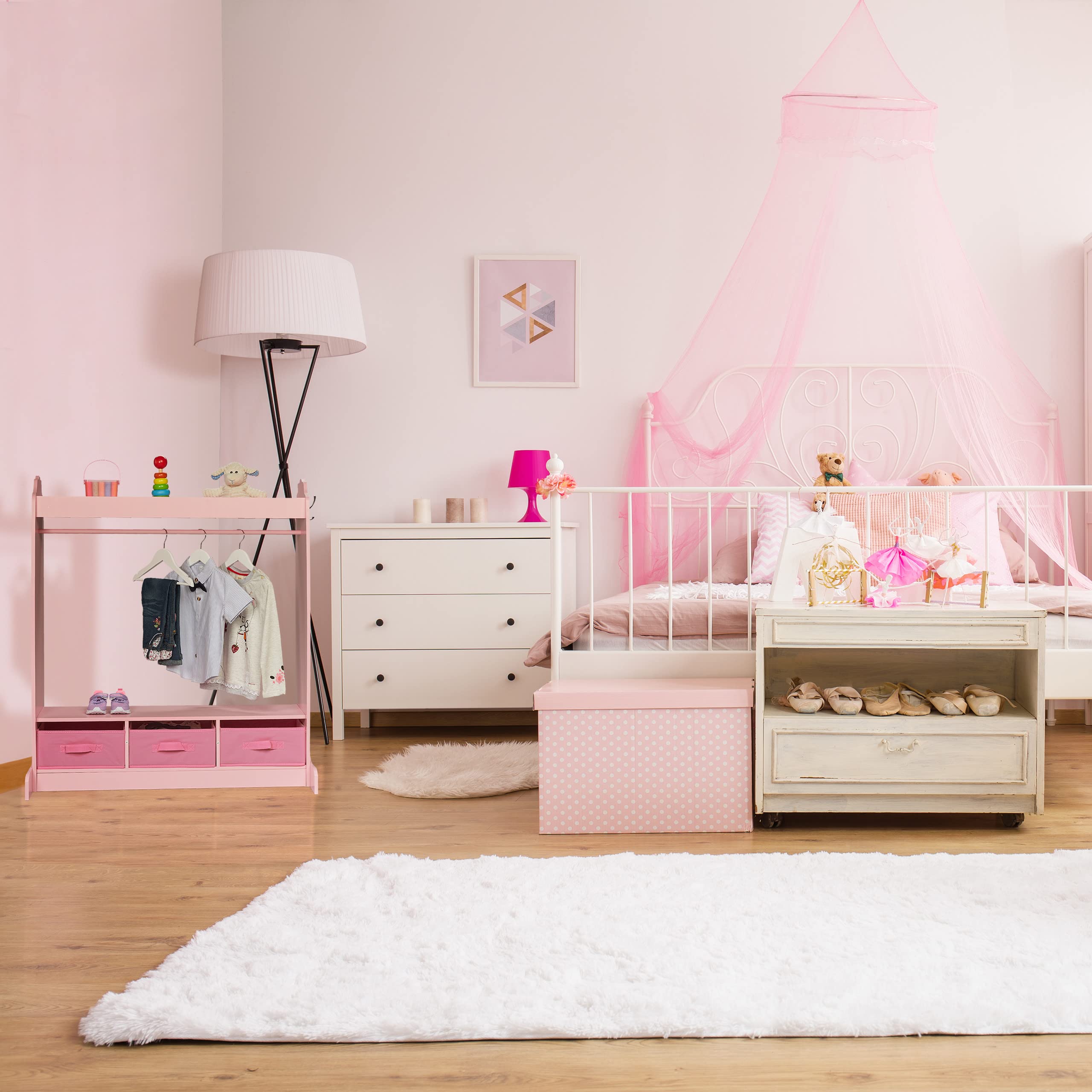 Relaxdays Perchero Infantil, 5 Compartimentos, Colgador de Ropa Niñas, con Gancho y Espejo, 107 x 97,5 x 61 cm, Rosa