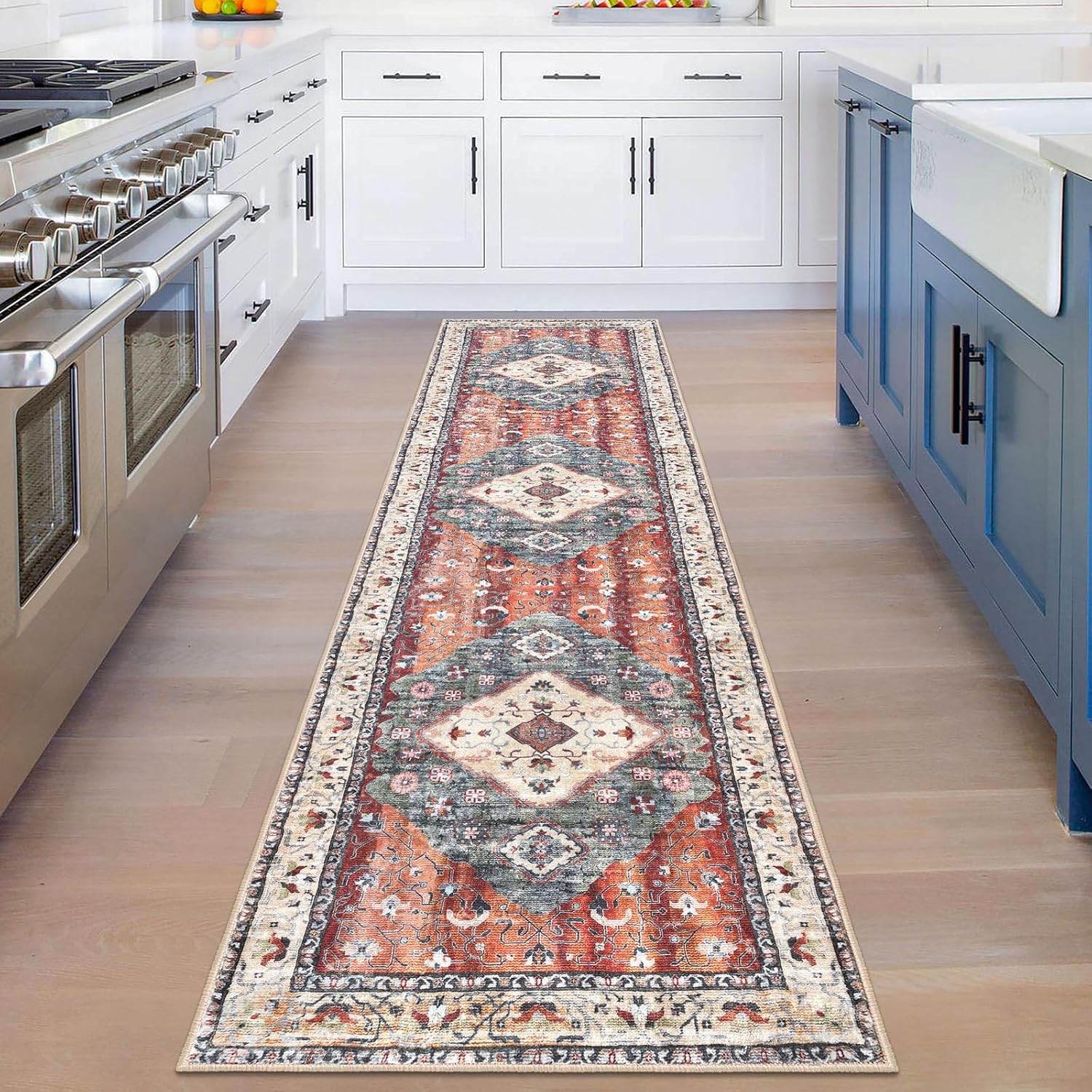 KOZYFLY Runners for Hallways 2x8 Ft Washable Kitchen Runner Rug Boho Runner Rug for Entryway Indoor Rust/Orange/Blue Printed Oriental Faux Wool Floor Carpet Runner for Bedroom Kitchen Hall