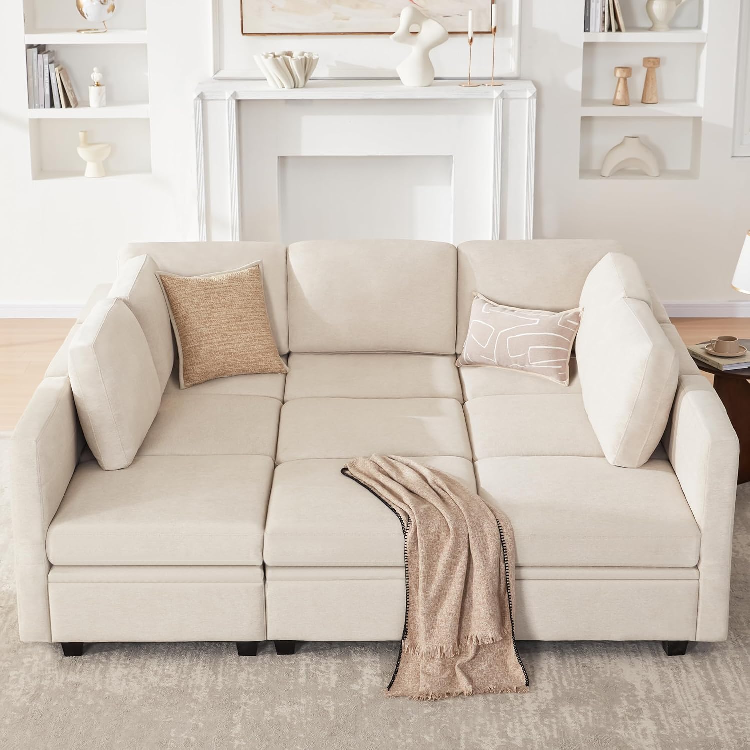 Modular Sectional Sleeper Sofa, Sectional Couch Reversible Sectional Sleeper Sofa Bed, 9 Seat Modular Couch with Storage for Living Room, Sectional Sofa with Chaise, Beige