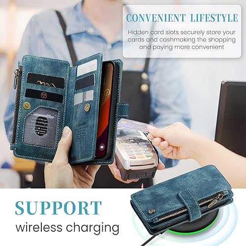 Miniatura 3 de CaseMe - Funda tipo cartera para iPhone 15 Pro, multifunción, hecha a mano, de piel sintética, con cremallera, a prueba de golpes, con cierre