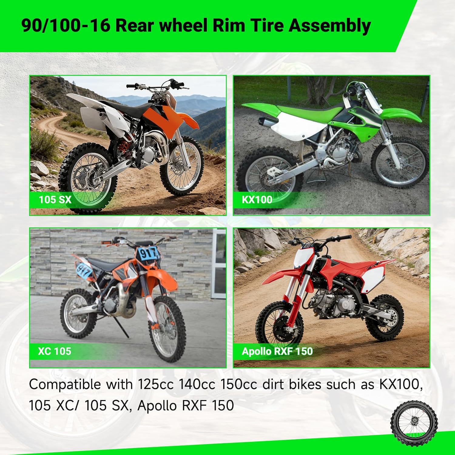 16'' Wheel 90/100-16 3.00-16 Dirt Bike Rear Tire Assembly for 125cc 140cc 150cc KLX140G MX100 105XC 105SX Pit Bike Parts with Brake Rotor 428 Chain Sprocket