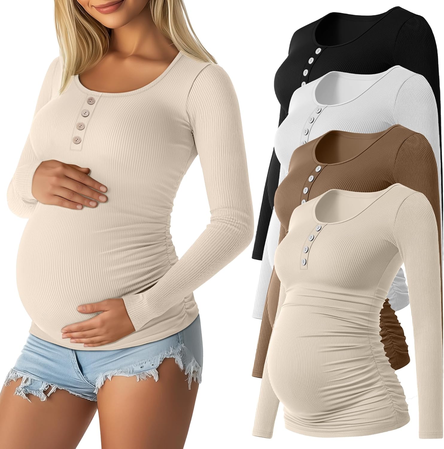 4 Pack Womens Maternity Shirts Cotton Scoop Neck Long Sleeve Ribbed Pregnancy Top Henley Side Ruched Mama Clothes