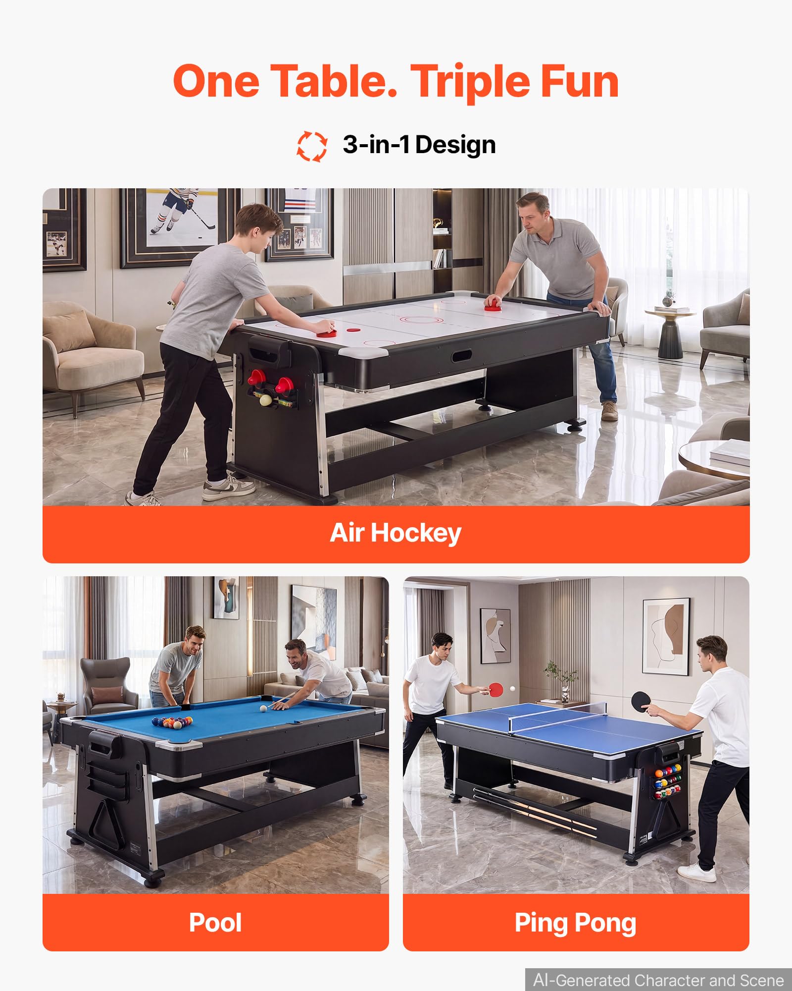 VEVOR Table Multijeux 221,5 cm, Air Hockey, Ping-Pong et Billard 3 en 1