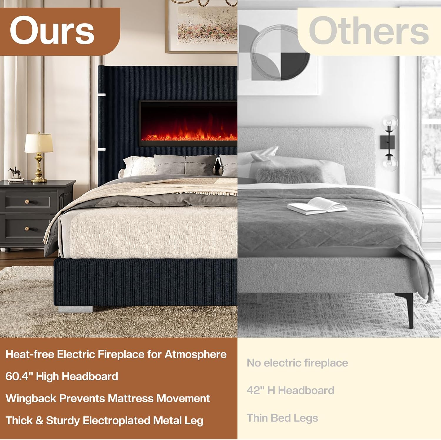 60.4" California King Size Upholstered Bed Frame with Heat-Free Fireplace, Luxury Corduroy Platform Bed with Extra Tall Wingback Headboard, Solid Wood Slats/No Box Spring Needed/Black