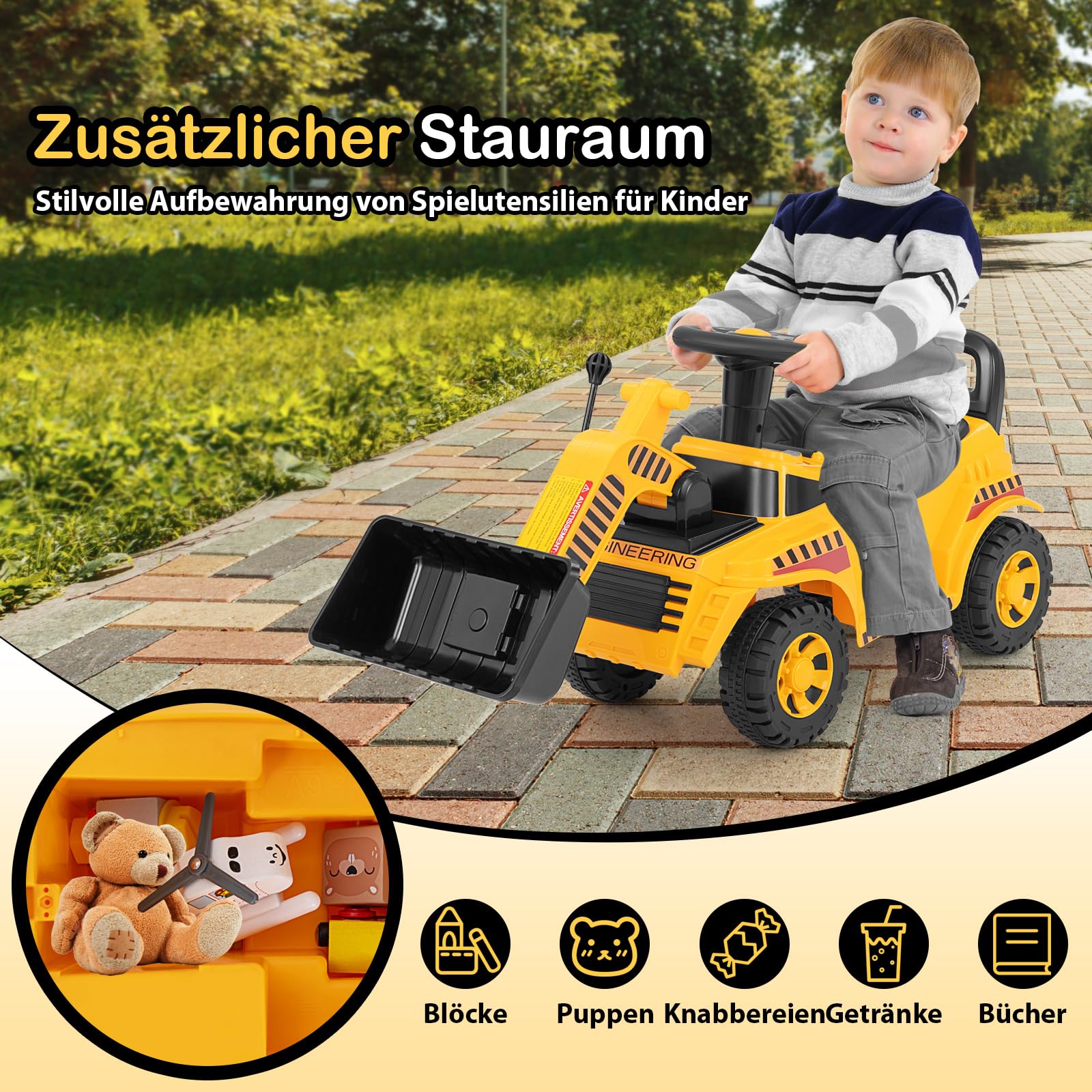COSTWAY Bagger zum aufsitzen, Sitzbagger mit Verstellbarer Schaufel & Stauraum unter Sitz, Kinderbagger mit Motorsound & Kippschutz, Sandkasten Aufsitzbagger für Kinder ab 1 Jahr