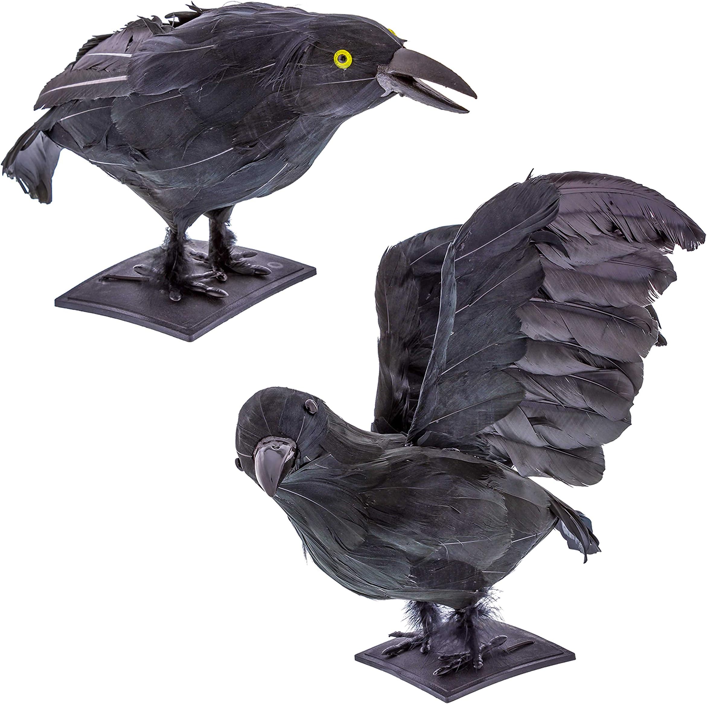 2 Realistic Large 14" Feathered Black Crows Prop Decoration - Scary Standing Flying Birds, Blackbirds, Ravens with Feather Wings - Tree, Haunted House, Graveyard, Tombstone Display