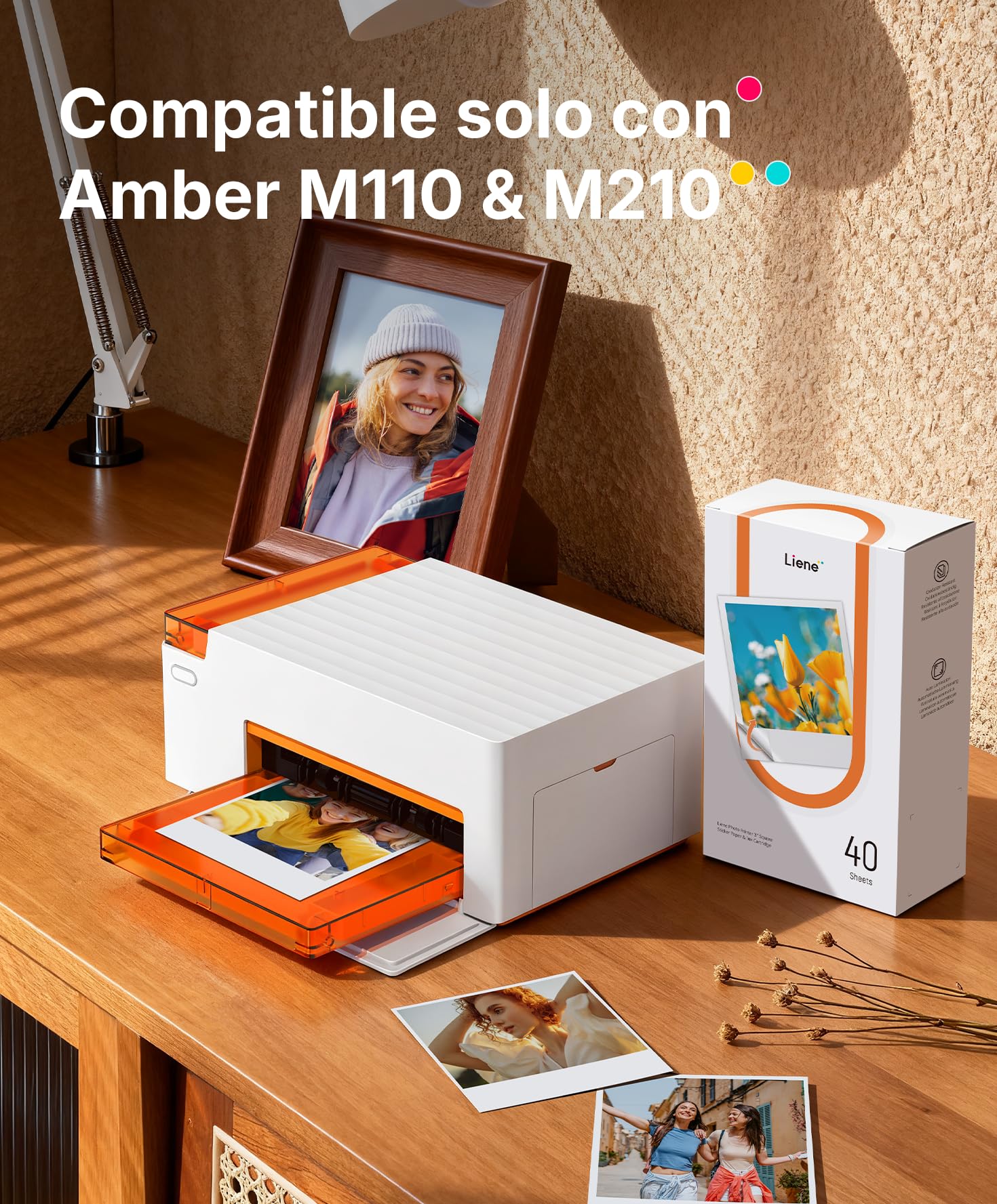 Liene Amber M110 & M210 Adhesivo Original : 40 Hojas de Papel Fotográfico Cuadrado 7,7 cm + 1 Cinta, Adhesivo Instantáneo, Resistente al Agua y las Huellas, Compatible Exclusivamente con DHP514/DHP515