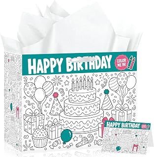 Hkshaoda Color Your Own Birthday Gift Bag with White Tissue Paper and Card Cake Theme DIY Wrapping Bag - Drawing Kids Party Supplies Present Sack for Boys Girls