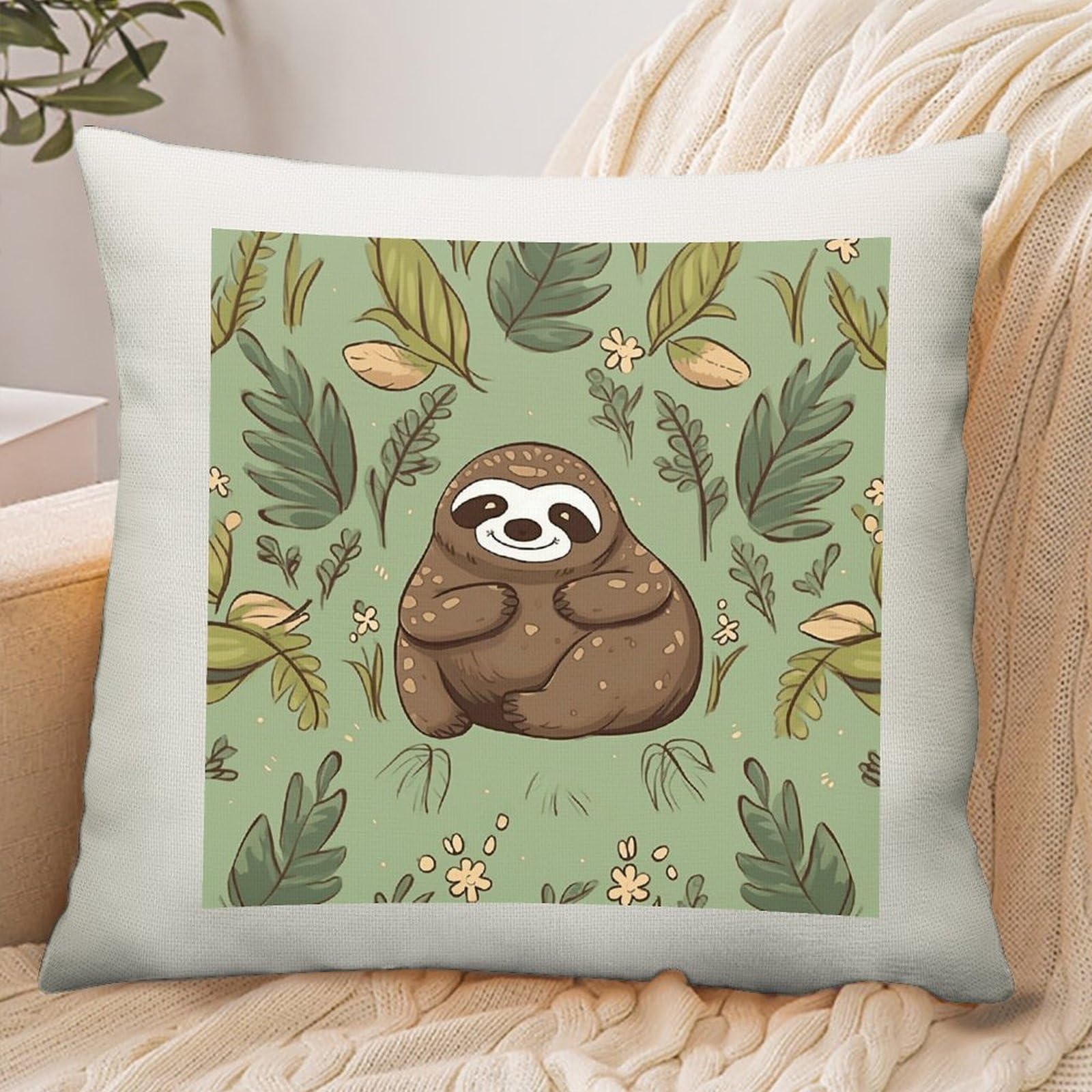 Adfgyerh Style Sloth On The Grass Pillow Cover Breathable,Pillowcases Boho Decorative Envelope Closure,Throw Pillow Covers For Beach,Patio,Balcony,Couch Living Room 16 * 16In
