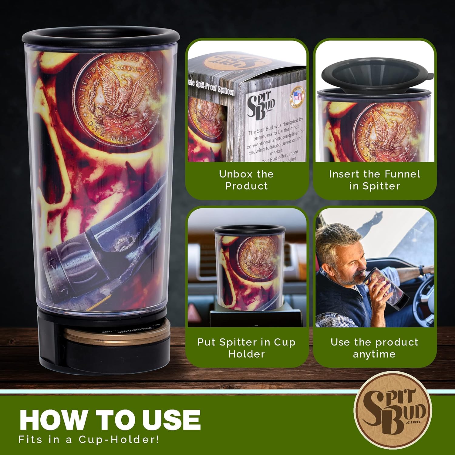 Skull, Pistol, and Money by Spit Bud - Ultimate Spittoon for Chew - Portable Dip & Snuff Cup with Lid, Pop Tab, Spill-Proof Funnel, Can Cutter & Holder - Fit in Cup Holders - Holds 8oz - Made in USA