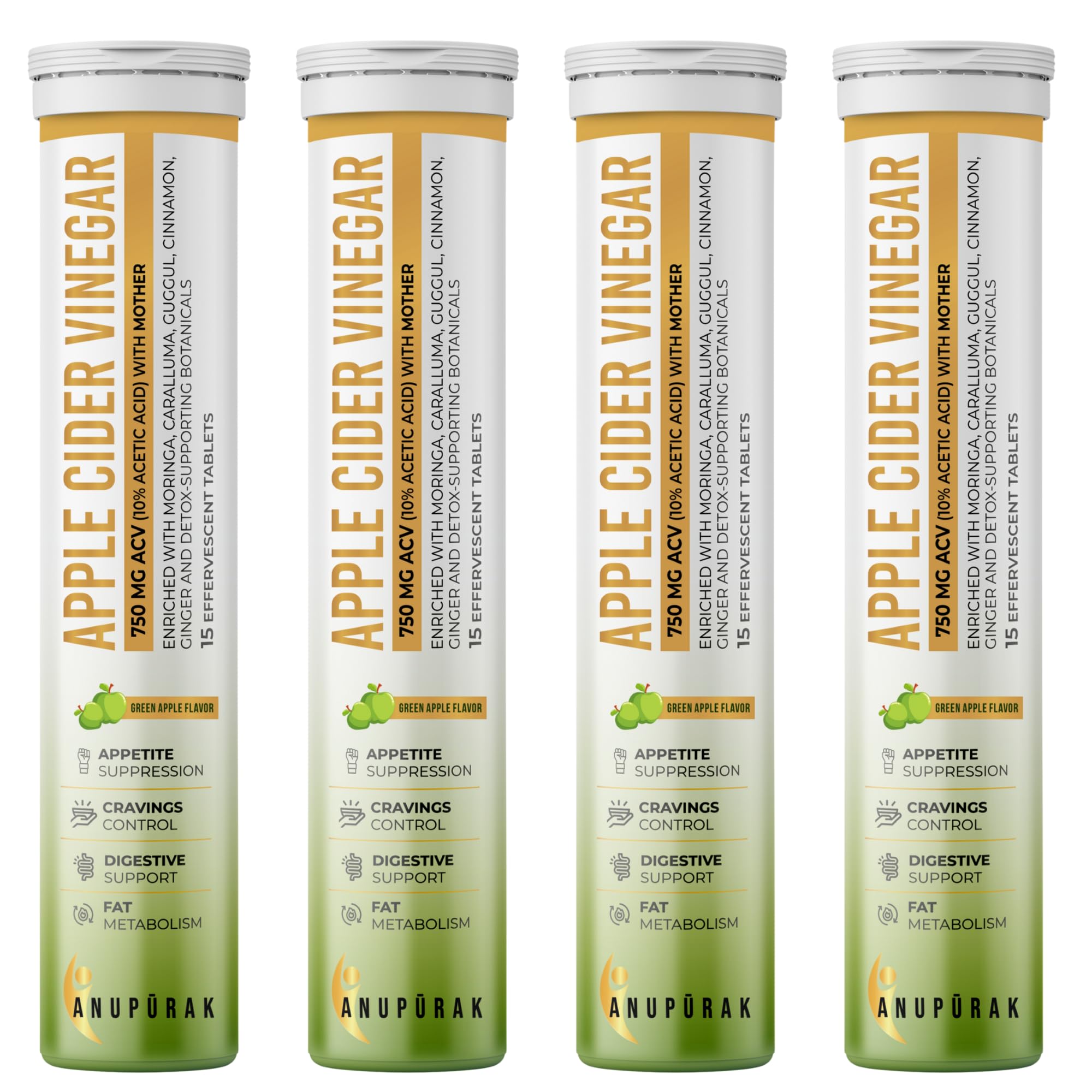ACV Effervescent Tablets — 750mg Apple Cider Vinegar with Mother | 11 Actives with Caralluma, Moringa & Ceylon Cinnamon | Appetite, Digestive & Metabolic Balance | Green Apple | 60 Tablets (Pack 4)