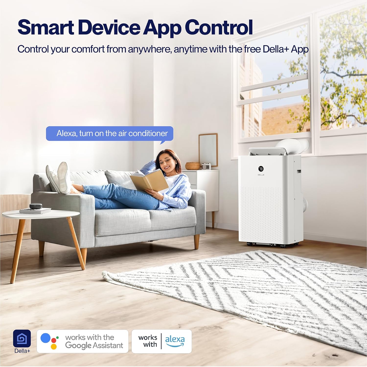 Woman relaxing on a couch controlling the DELLA portable air conditioner with her smartphone via the Della+ app, compatible with Alexa and Google Assistant.