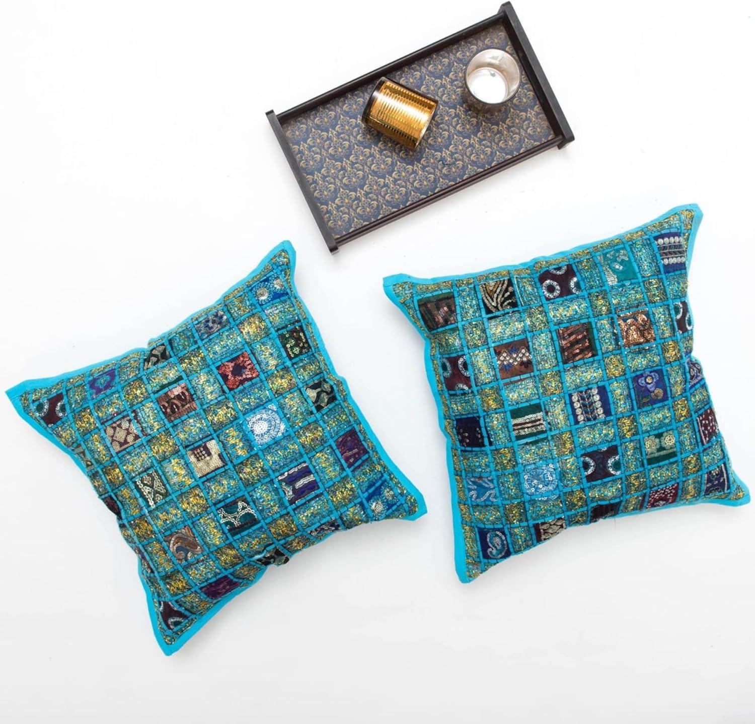 INDACORIFY Sets of Assorted Patchwork Cushion Cover, Indian Handmade Beaded Patch Pillow, Boho Pillow, Bohemian Cushion Cover, Sofa Decorative Throw Pillow (5)