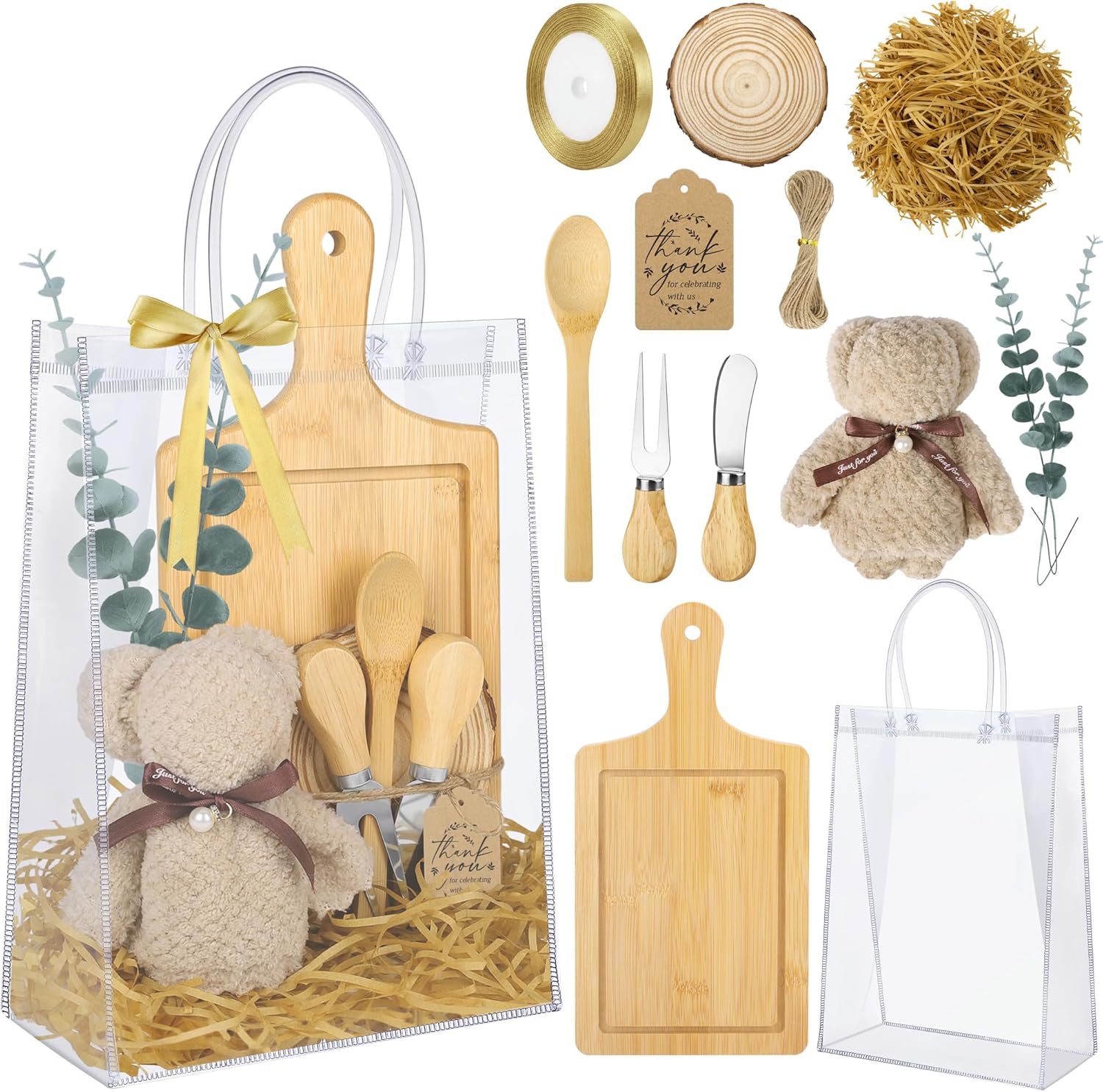 Aneco 6 Sets Baby Shower Prizes for Game Winners 63 Pcs Bamboo Cheese Board Spoon Fork Wooden Coasters Hand Towels Gift Bags Thank You Cards for Baby Shower Bridal Shower Wedding Favors