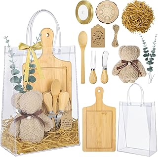 Aneco 1 Set Baby Shower Prizes for Game Winners 13 Pcs Bamboo Cheese Board Spoon Fork Wooden Coasters Hand Towels Gift Bags Thank You Cards for Baby Shower Bridal Shower Wedding Favors