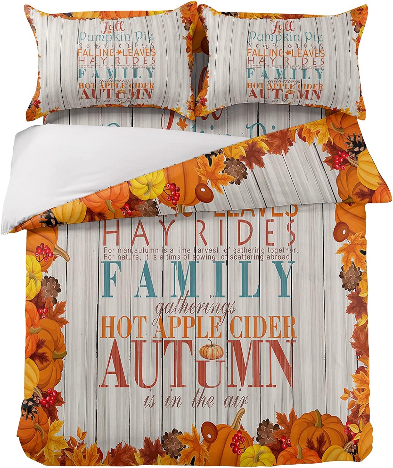 Black Friday - 50% OFF Autumn Harvest Quotes on Wood Grain Duvet Cover Sets 4 Piece Queen Ultra Soft Bed Quilt Cover Set for Kids/Teens/Women/Men Fall Pumpkin Bedding Collection All Season Use
