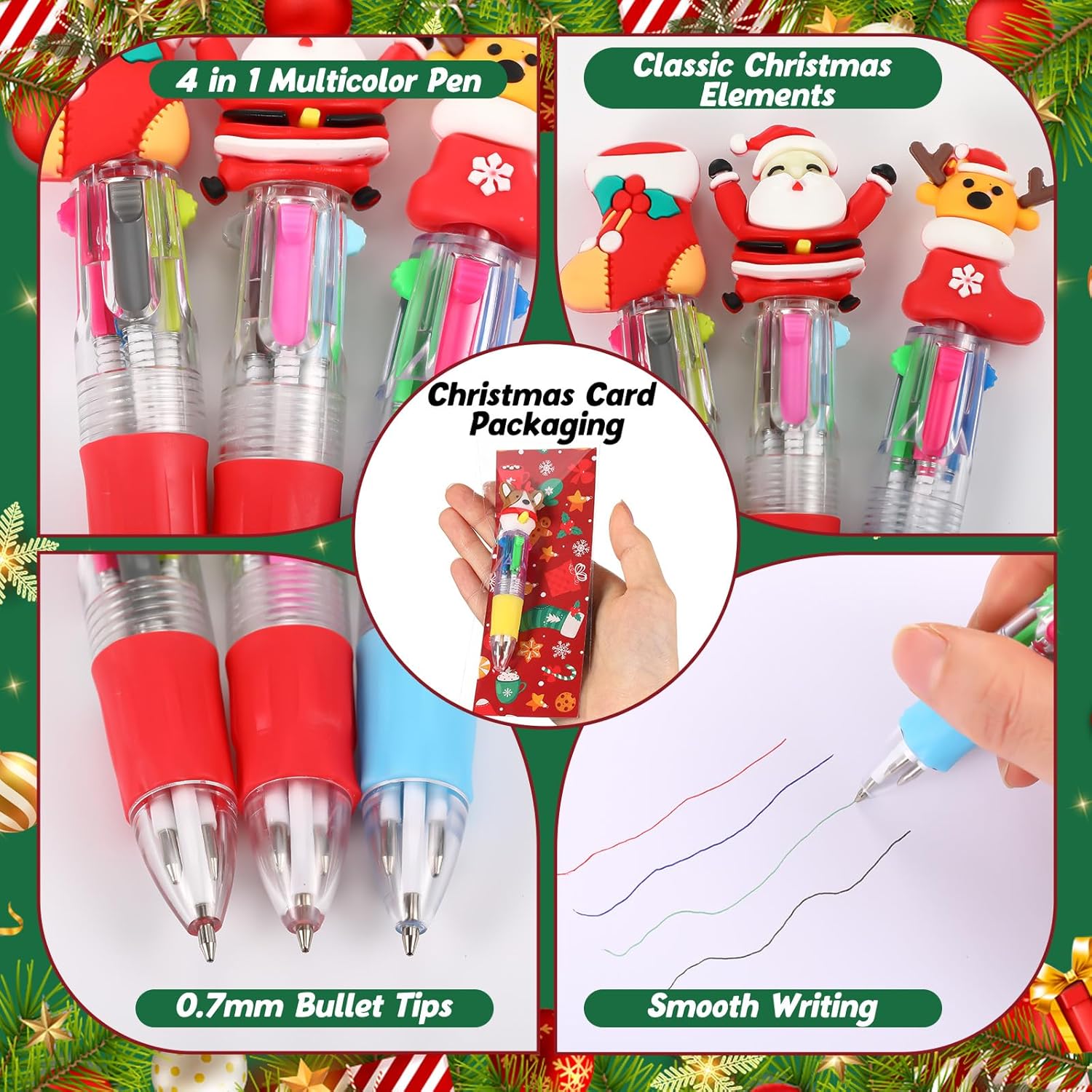 Gilprop 100 Pcs Multicolor Christmas Ballpoint Pens 4 in 1 Fun Retractable Holiday Ink Pen 0.7 mm Santa Claus Snowman Reindeer Writing Pen for Students Prizes Christmas School Office Supplies Gifts