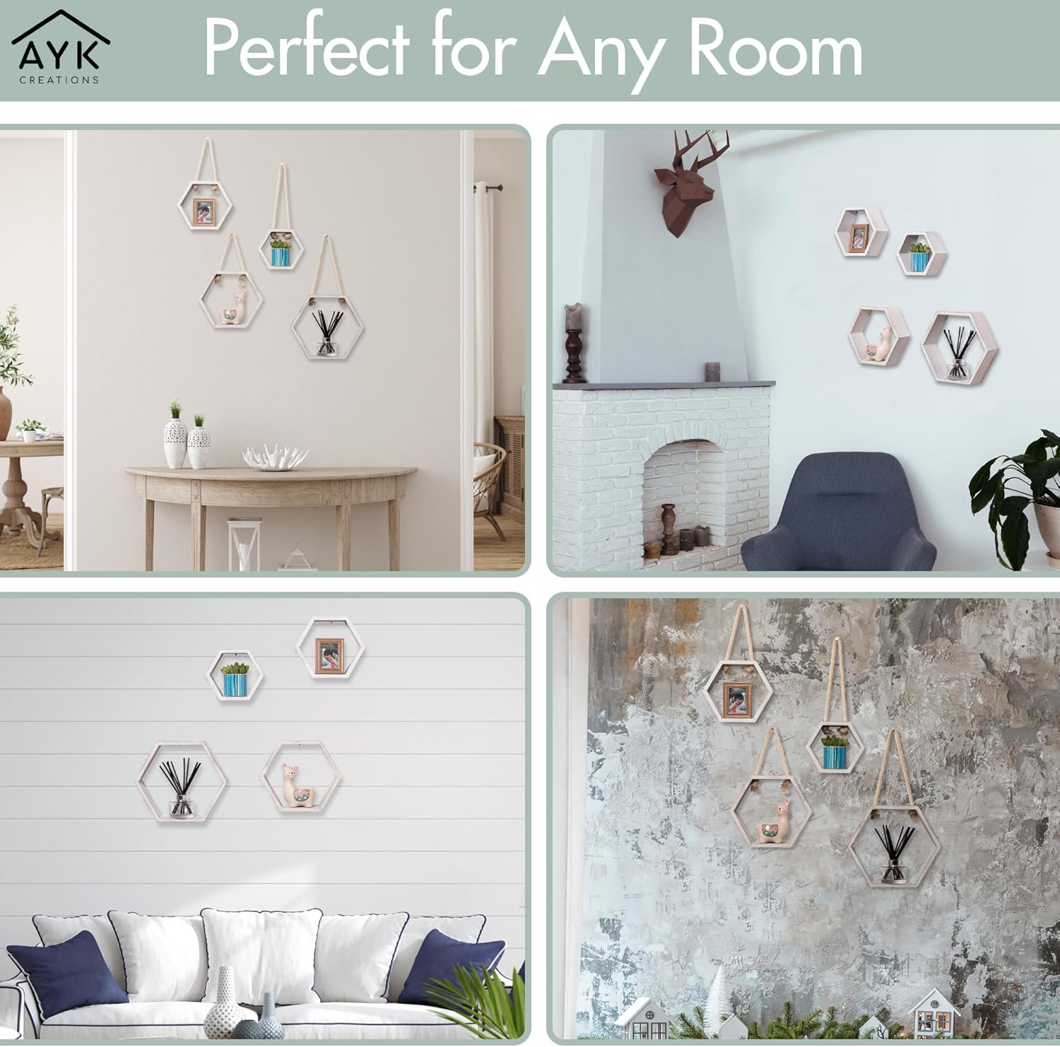 Dual Purpose Floating or Hanging Hexagon Shelves - Washed White Set of 4 Hexagon Shelves for Wall - Farmhouse Floating Shelves - Honeycomb Shelves - Rope Hanging Shelves