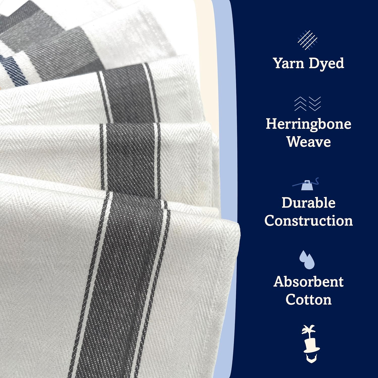 Lincoln & Palm Natural Cotton Tea Towels, 27 x 19, Set of 6 Herringbone Kitchen Dish Towels, Flour Sack Flat Woven for Drying Dishes, Hands, or Bread Proofing, Striped, Patterned Designs (Light Gray)