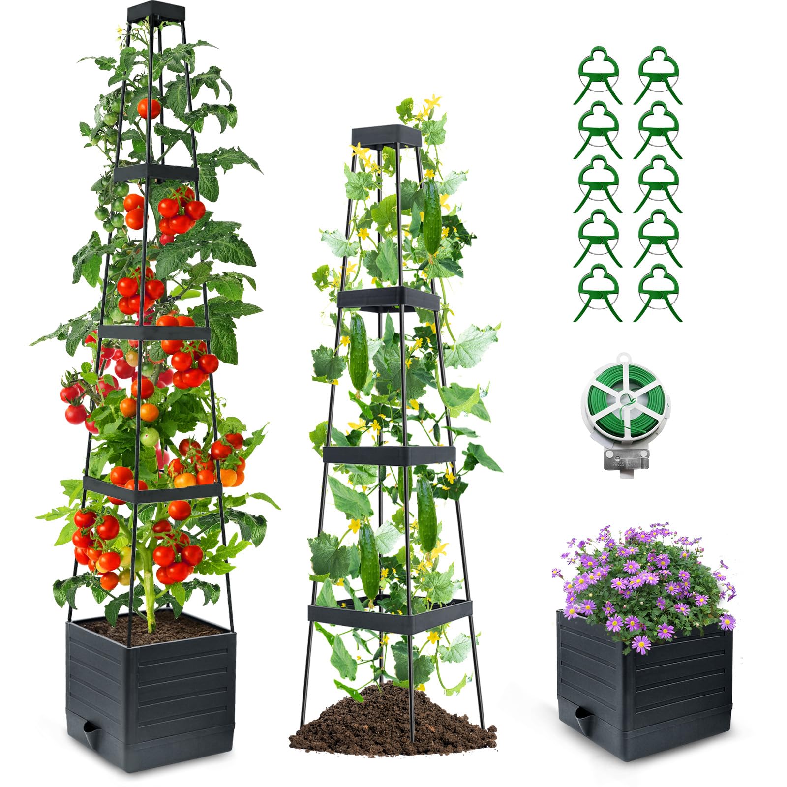 MQJIAZHI Raised Garden Bed & Tomato Planter with Trellis, Self-Watering, Tomato Cages for Climbing Veggies – Suitable for Patios, Greenhouses, Indoor/Outdoor Use (2Pcs)