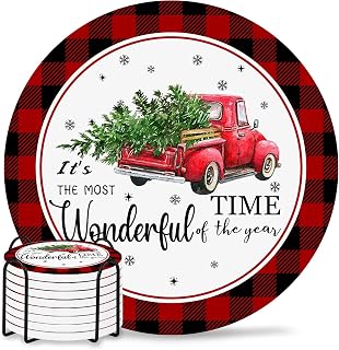 8 Piece Set with Holder Ceramic Coaster for Drinks Super Absorbent Ceramic Coaster It's The Most Wonderful Time Of The Year Christmas Red Truck Coaster Set with Cork Base for Tabletop Protection