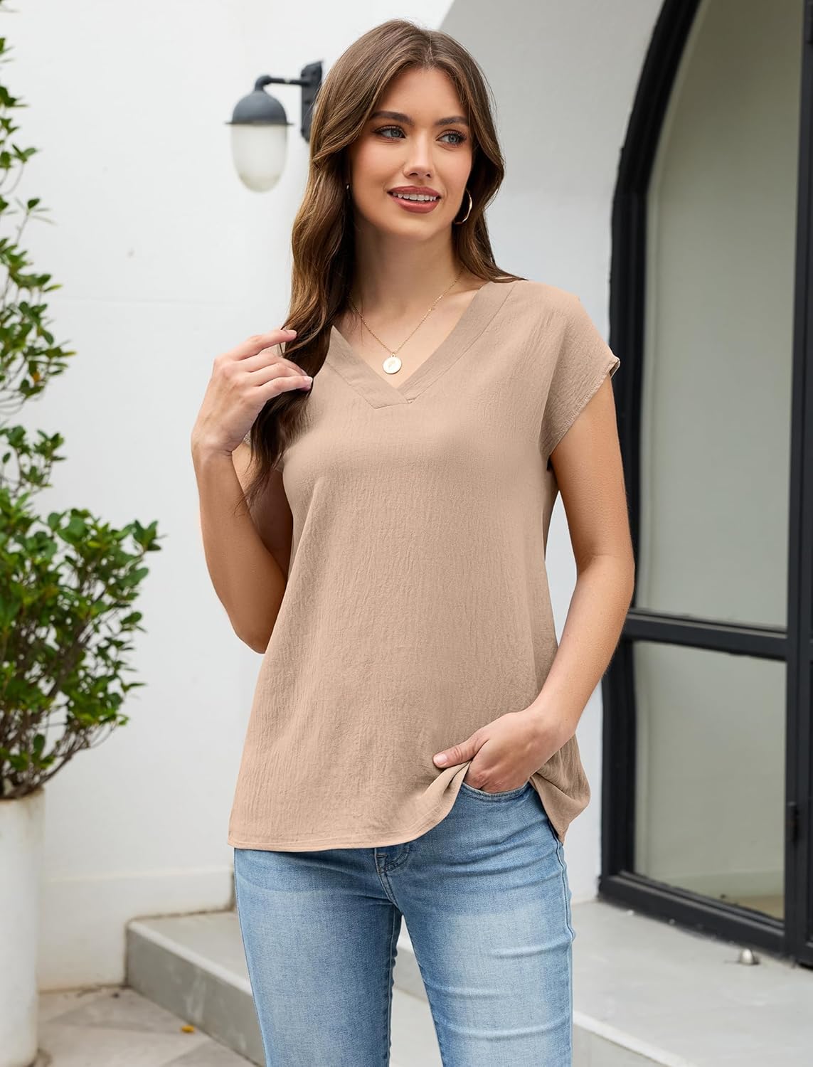 Women V Neck Tops Cap Sleeve Textured Chiffon Blouses Summer Business Work Shirts - Image 3