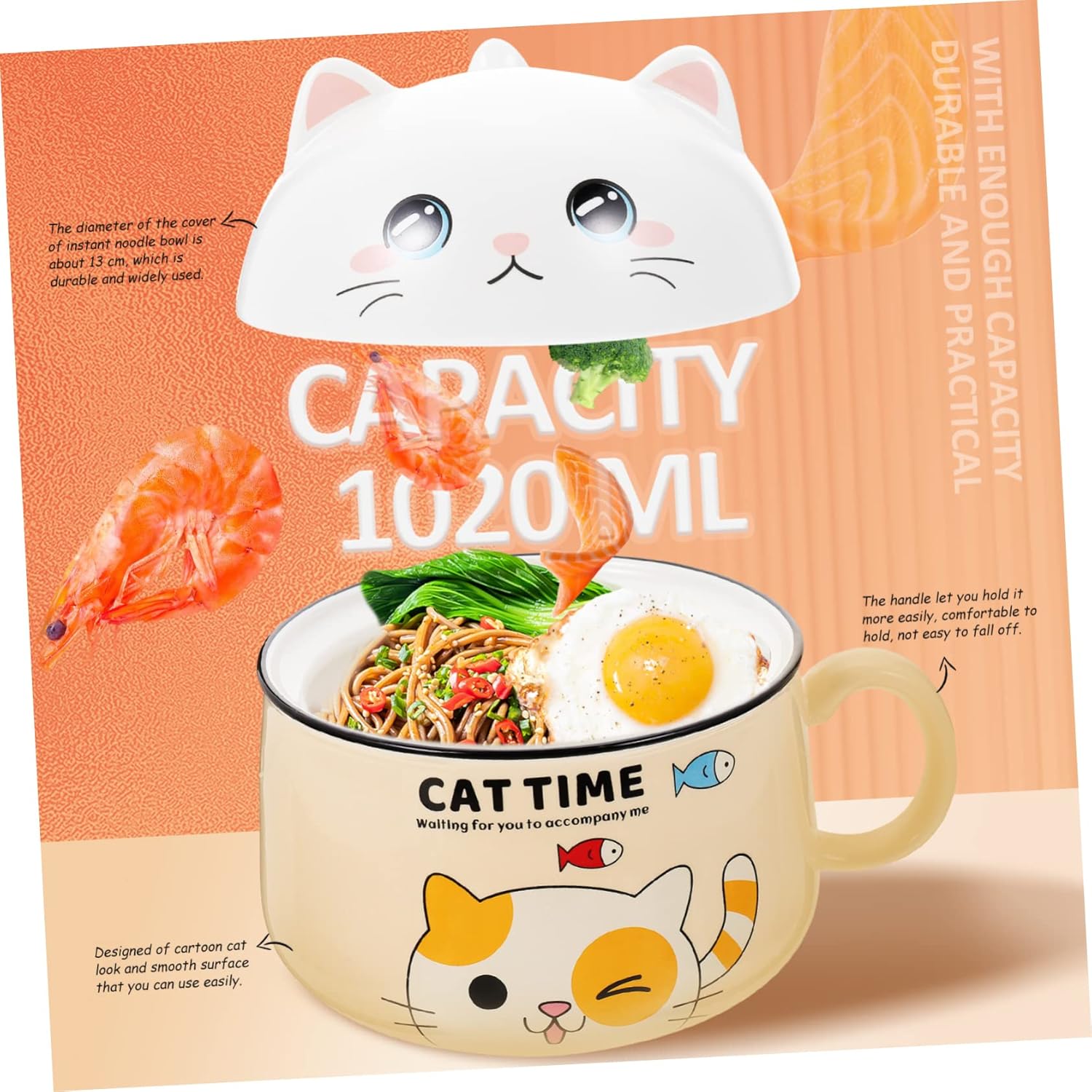 PRETYZOOM 1020mL Ceramic Cat Bowl Handle Cartoon Decorative Instant Noodle and Soup Bowl Microwave Dishwasher Safe for Cats and Pets