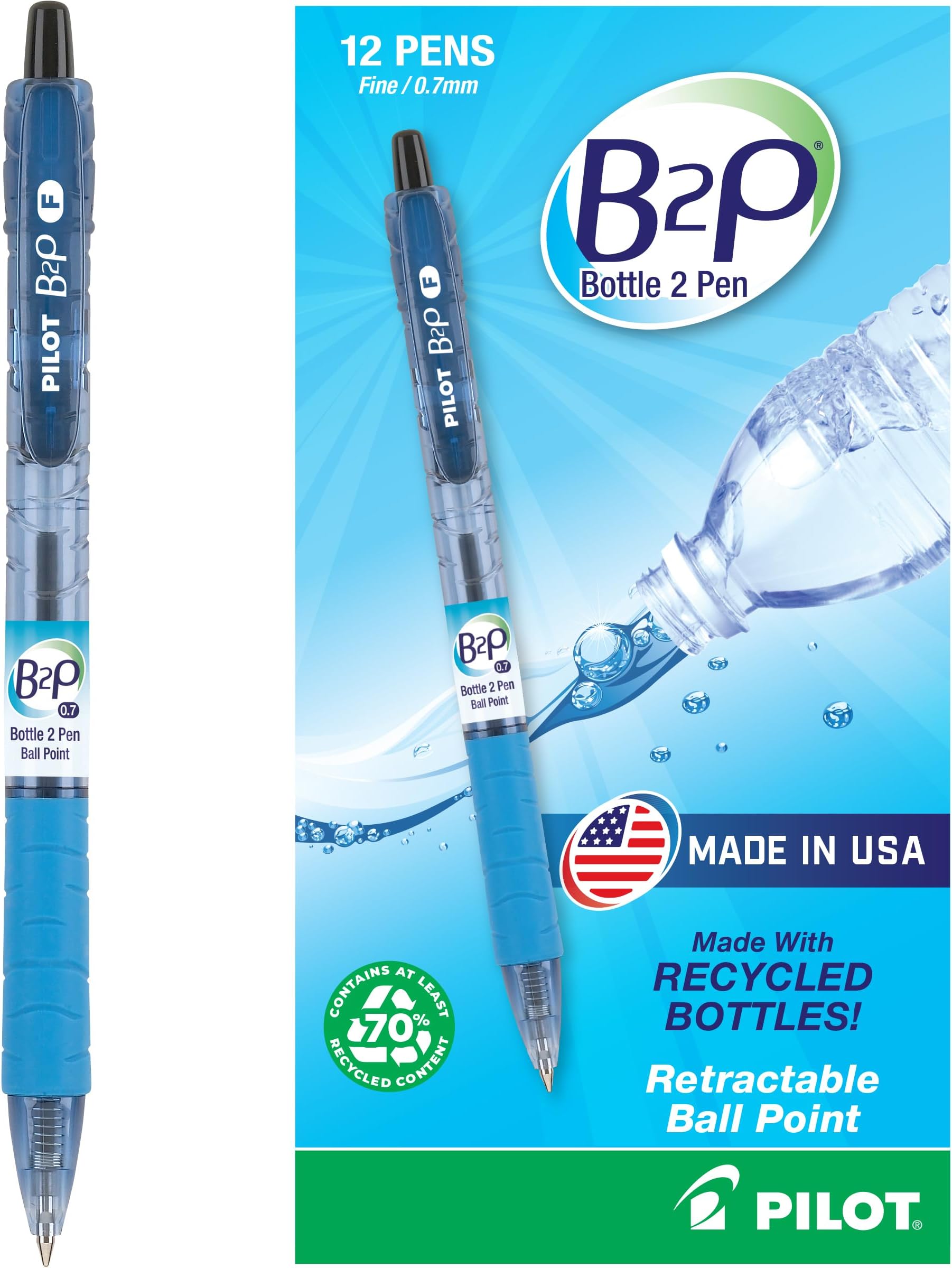 PILOT B2P - Bottle to Pen Refillable & Retractable Ball Point Pen Made From Recycled Bottles, Fine Point, Black Ink, 12-Pack (32600)