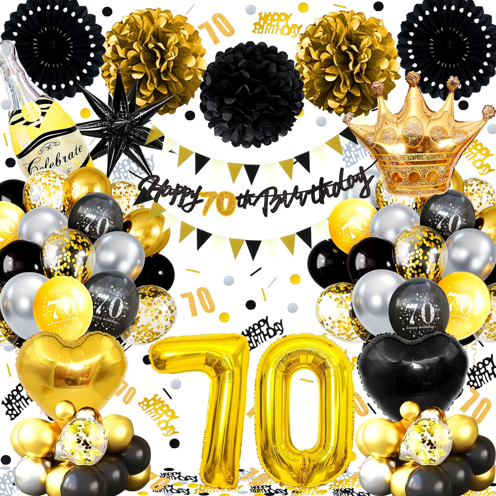 70th Birthday Balloons Black Gold, Banner, Triangle Flag, 70th Birthday Decorations, Black Gold Party Decorations Set, Latex, Heart, Crown And Numbers Balloons, Confetti, Paper Pom Poms, Ribbon