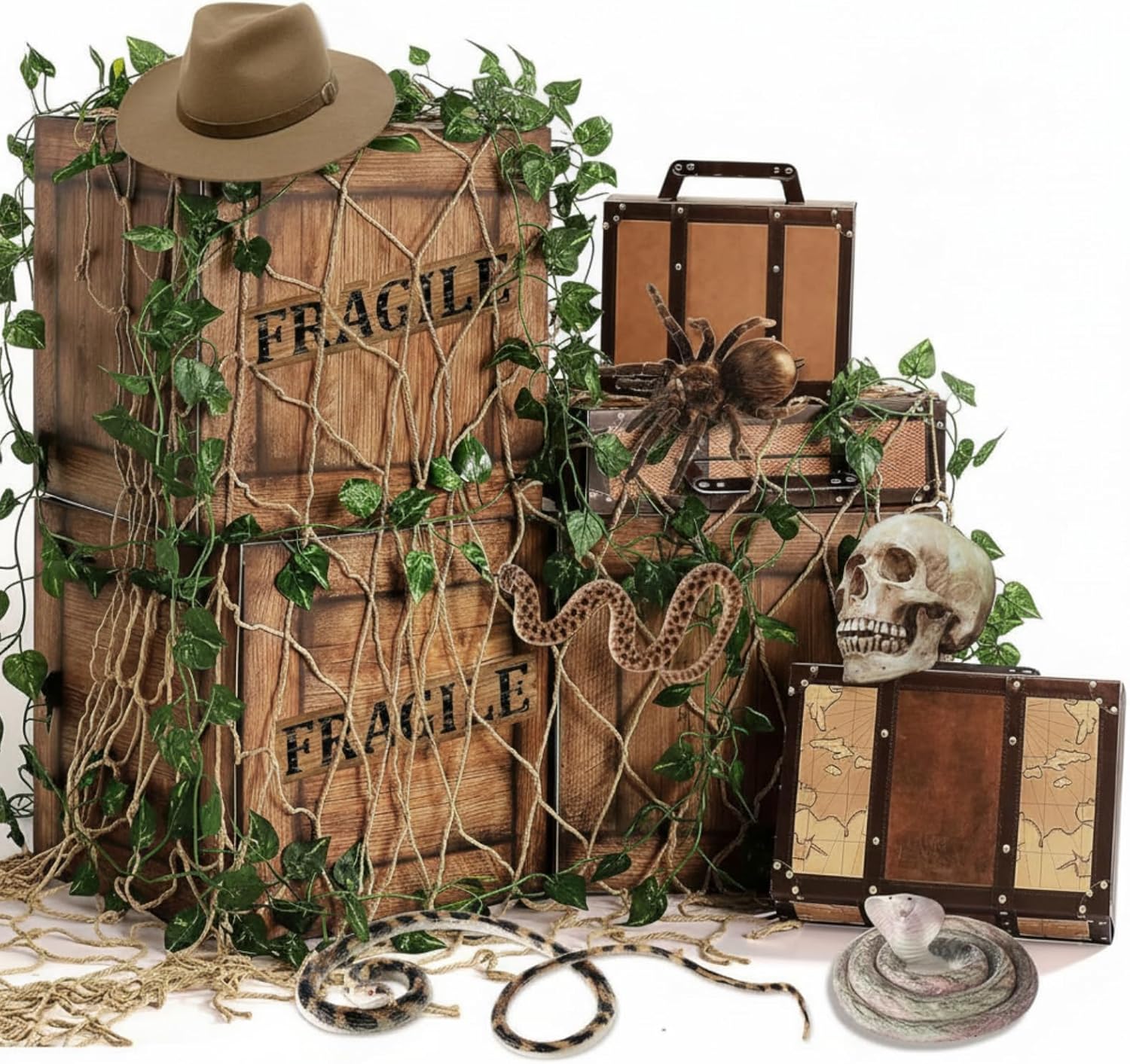 Soulchen 15pcs Pirate Party Decoration Travel Suitcase Box Imitation Wood Box Fishing Net Car Trunk or Treat Decor Photo Booth Prop for Indiana Supplies Jungle Adventure Party