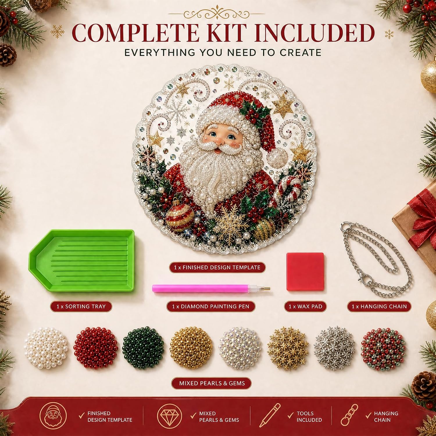 Christmas Pearl Bead Suncatcher Kit, DIY Hanging Craft with Pre-Assembled Metal Chain, Lace-Trimmed Acrylic Round Plate, 3D Mixed-Size Bead Decoration for Christmas Tree, Window, Wall and Home Decor