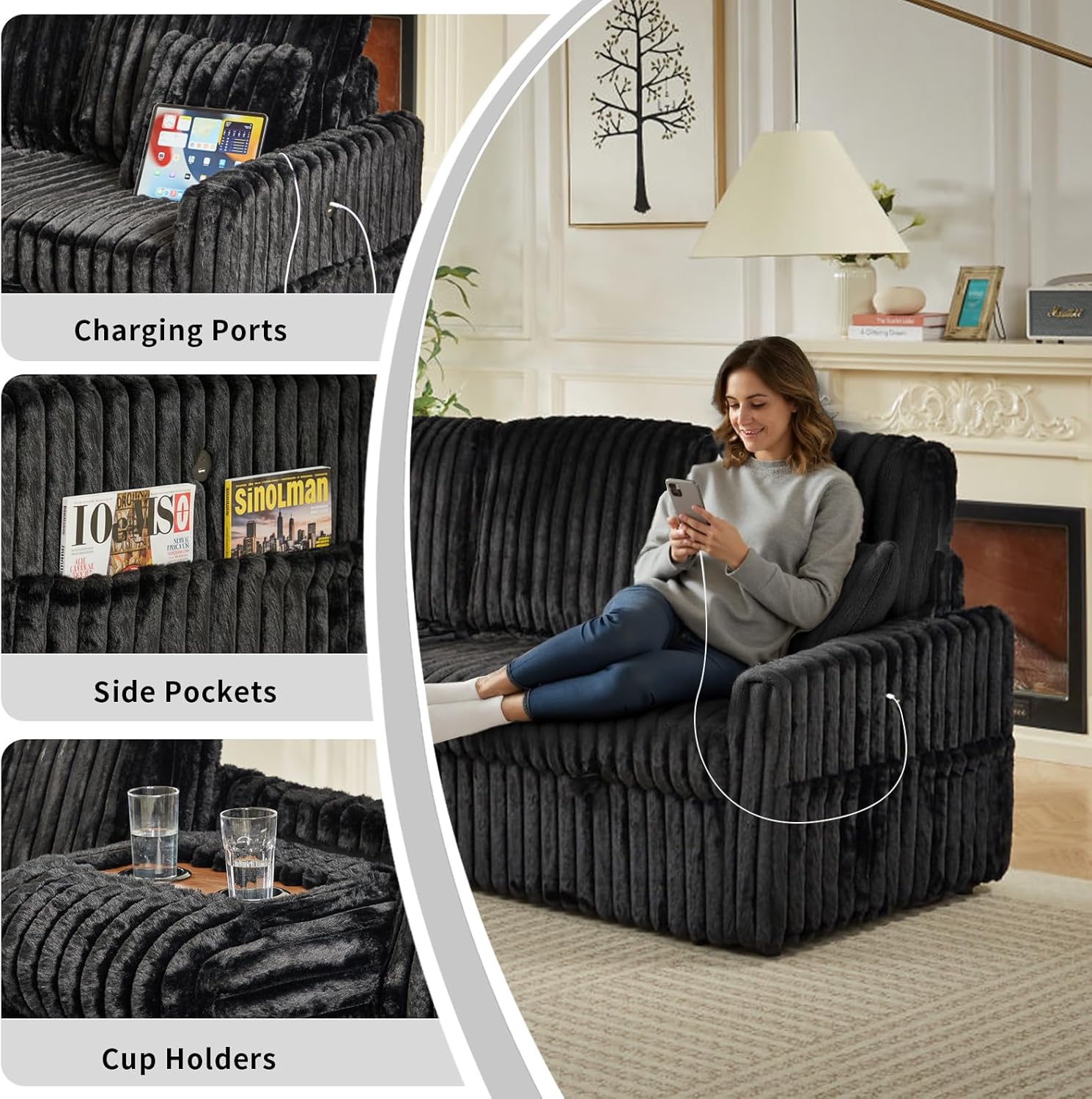 KCGKCG Sleeper Sofa Bed, 81” Pull Out Couch Bed with Reversible Storage Chaise, 3 in 1 L-Shaped Couch with Charging Station, Cup Holder, Side Pocket, Plush Corduroy Couches for Living Room(Black)